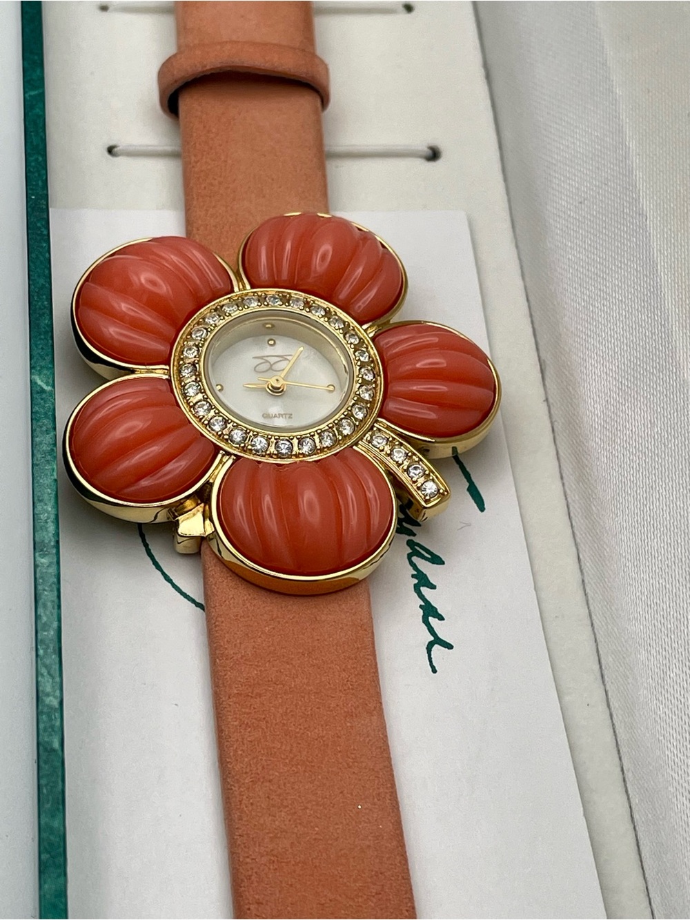 Suzanne Somers Coral Peach Flower Watch with Gold Crystal Trim. Leather Band
